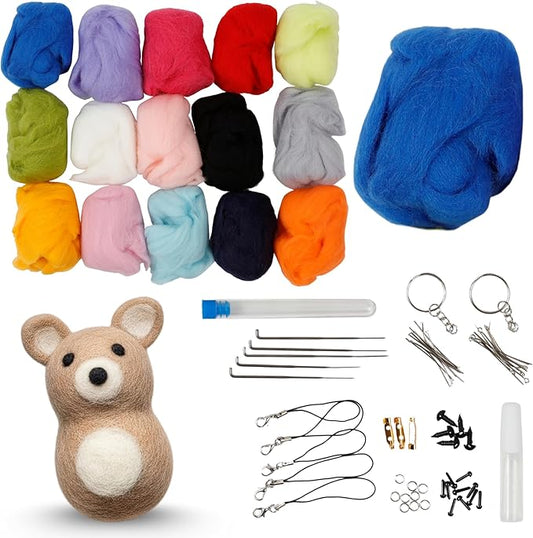 Incraftables Felting Needles Wool Roving Kit - Needle Felting Kit for Beginners, Adults & Kids – Wool Felting Kit with Plastic Eyes, Keychains, Glue & Accessories – 15 Colors