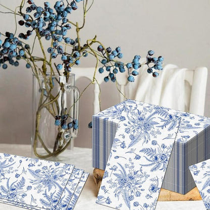 60 Pack 3 Styles Blue Floral Napkins for Decoupage Toile Napkins Flower Cocktail Decorative Paper for Birthday Party Beautiful Gorgeous, 12.9 * 15.7 inch
