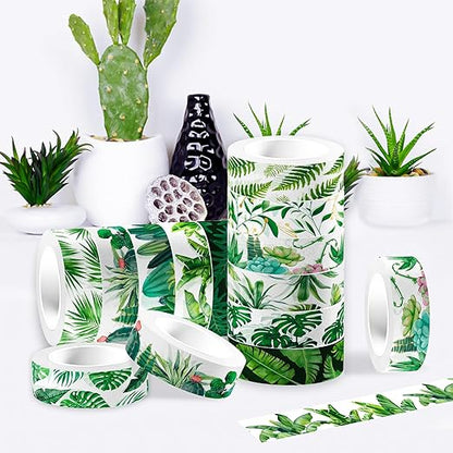 12 Rolls Greenery Washi Tape Set, Summer Tropical Leaves Masking Tape, Green Plants Cactus Succulents Decorative Tape Sticker for Scrapbook Journal DIY Craft Gift Wrapping 16.4FT