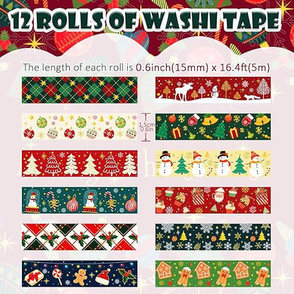 12 Rolls Christmas Washi Tapes Christmas Tree Snowman Snowflakes Gingerbread Man Masking Tape Red Green Gold Foil Xmas Decorative Tape for Xmas Scrapbook Journal Gift Wrapping DIY Crafts 16.4FT