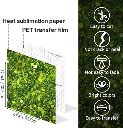 Glitter Sublimation Transfer Sheets for Heat Press Machine,Green P Gold Sublimation Paper for Tumblers Blanks Tshirts,12 Sheets 12x12inch