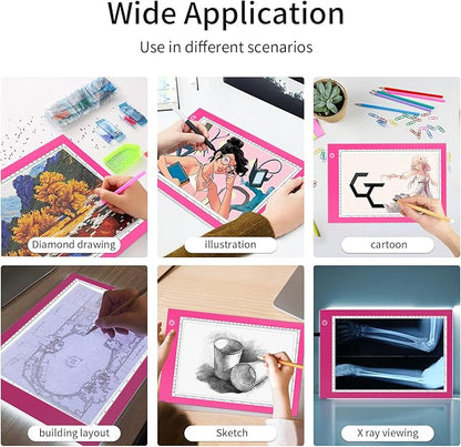 Light Box Drawing Pad, Tracing Board with Type-C Charge Cable and Brightness Adjustable for Artists, AnimationDrawing, Sketching, Animation, X-ray Viewing (A4-P-Pink-New)