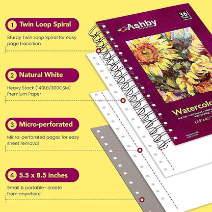 Ashby - Watercolor Paper Pads (5.5" x 8.5") - Pack of 3 (108 Total Sheets) - 140lb (300 GSM) Spiral Bound Notebook, Acid-Free, Cold Press - Ideal for Most Wet & Dry Media, Journaling and Drawing