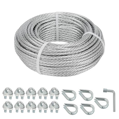 Galvanized Steel Wire Rope Cable, 3/16” Galvanized Steel Cable with Rope Clamp and Thimble, 7X7 Strand Core Aircraft Cable Used for Anchored Shed, Fencing, Sunshade, Clothesline (50ft)
