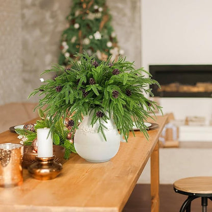 Watayo 15 Pcs Christmas Norfolk Pine Branches with Pine Cones, 19" Extra Length Fake Greenery Norfolk Pine Stems Sprigs, Artificial Xmas Branches Plants Pine Leaves for DIY Craft Garland Home Decor