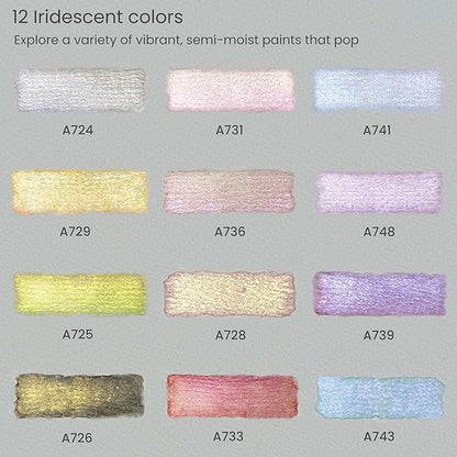 ARTEZA Metallic Watercolor Paint Set – 12 Iridescent Half Pans, Compact Travel Palette with Brush for Painting, Journaling & Mixed Media