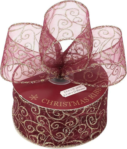 MEEDEE Red Gold Swirl Wired Ribbon 2.5 Inch Dark Red Sheer Ribbon with Gold Swirl Glitter Wired Ribbon Organza Sheer Ribbon 25 Yards Burgundy Sheer Christmas Ribbon for Christmas Tree, Wreath Bow