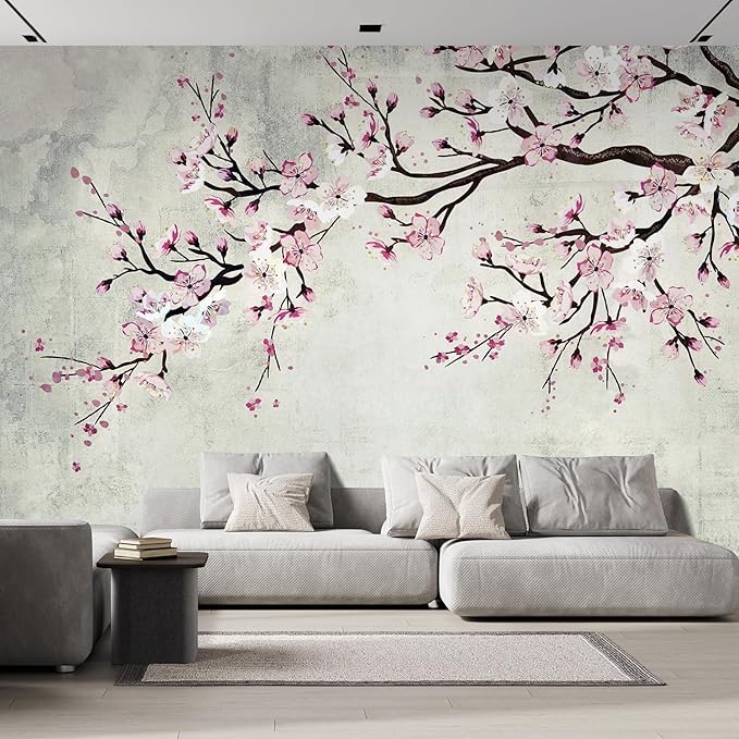 wall26 Wall Sticker/Wall Mural Watercolor Style Ink Painting Pink Cherry Blossom on Vintage, Not Peel and Stick, Non-Woven Wallpaper Decorative for Bedroom, Living Room, Office - 99x96 inches