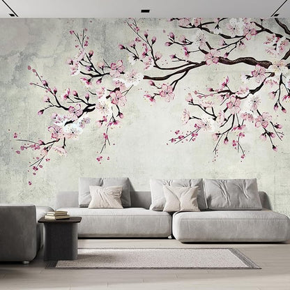 wall26 Wall Sticker/Wall Mural Watercolor Style Ink Painting Pink Cherry Blossom on Vintage, Not Peel and Stick, Non-Woven Wallpaper Decorative for Bedroom, Living Room,Office - 120x192 inches