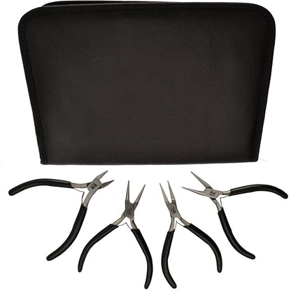 The Beadsmith Slim Line Pliers Set – Extra Fine Tips – 4.5 Inches, 4-Pieces: Round Nose, Chain Nose, Flat Nose & Semi-flush Side Cutter – Leatherette Carrying Case Included – Tools for Jewelry Making