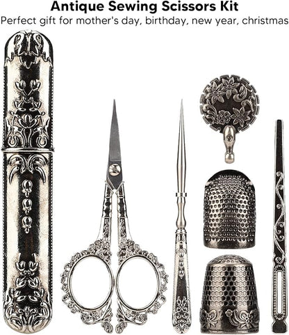 Vintage Embroidery Scissors Set, Comfortable Handle, Stainless Steel, Antique Design, Complete Sewing Kit for Embroidery, Needlework, with Thimble, Threader, and Needle Case