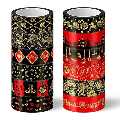 Whaline 12 Rolls Halloween Washi Tapes Red Black Foil Gold Decorative Tapes Skull Spider Web Pumpkin Pattern Masking Tapes for Halloween Scary Scrapbook Journal DIY Craft Gift Wrapping, 9.8Ft