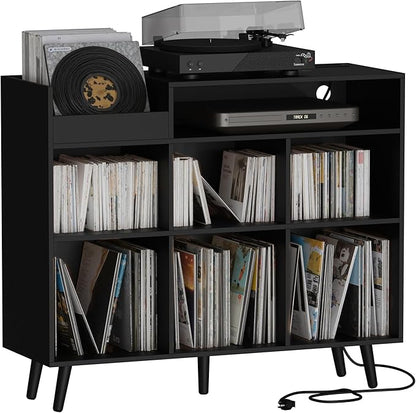 Cozy Castle Large Record Player Stand, Vinyl Storage Cabinet Mid Century Modern Turntable Stand Media Console Table Open Shelf Cube CD Album Holder Organizer for Living Room, Office, Black