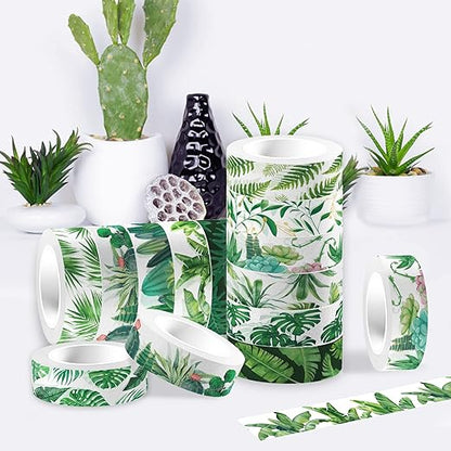 Greenery Washi Tape Set 12 Rolls, Tropical Leaves Masking Tape Hawaii Green Plants Cactus Summer Greenery Decorative Stickers for Note Scrapbook Handbook Sticker Gifts Wrapping DIY Art Crafts