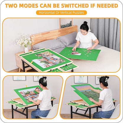 Puzzle Table and Board with 4 Drawers - Adjustable Tilting Angle, Wheels & No Assembly Folding Legs for 1500 Piece Jigsaw Puzzles - Wooden Cover Protection for Adults, Moms & Crafters