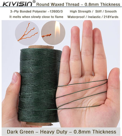 Heavy Duty Round Waxed Thread 0.8mm, 218 Yards, Dark Green, Bonded Thick Polyester Wax Coated Cord for Leather Sewing, Upholstery, Whipping Twine, Basket Weaving and Macrame Making