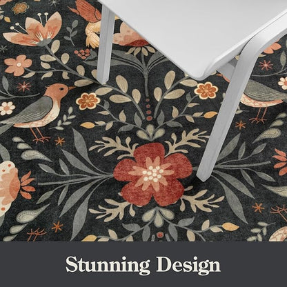 Morebes Washable 9x12 Area Rugs for Living Room, Large Bird Floral Dining Room Rug Non Slip, Ultra-Thin Boho Insect Distressed Soft Carpet for Kids Bedroom Office Decor, Black/Muliti