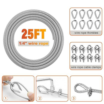 Stainless Steel Cable for Railing - 25FT 1/4" T316 Wire Rope with Clamps and Thimbles - 7 x 19 Strands 6700 LBS Breaking Strength for Outdoor Deck Railing Zipline