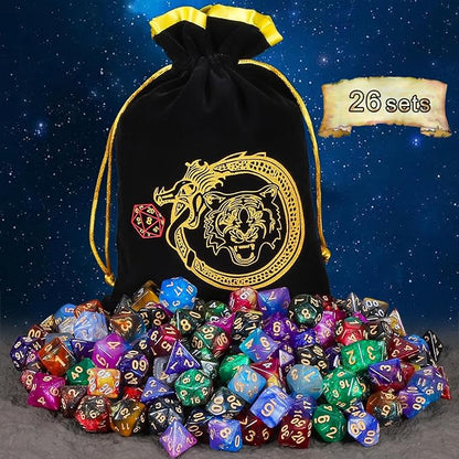 CiaraQ DND Dice Sets - 26 X 7 Polyhedral Dice (182pcs) with a Large Drawstring Bag for Dungeons and Dragons, Role Playing Table Game. Multiple Colors, Glitter Swirl Design with Gold Numbers.