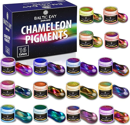 BALTIC DAY - Chameleon Mica Powder, 16 Jars of Color Shift Mica Powder Set - Epoxy Resin Color Pigment - Chameleon Powder - Holographic Mica - Resin Pigment