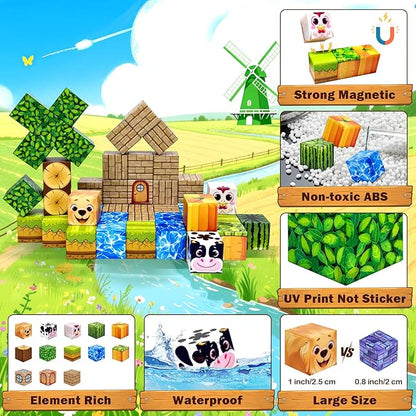 Magnetic Blocks Building Toys for Kids: Magnetic Blocks for Kids Ages 3-4, 8-12, 1" Magnet Cubes STEM Toys for Boys & Girls,Christmas Birthday Gifts for Toddler Ages 3+, 48PCS Blocks Farm Theme