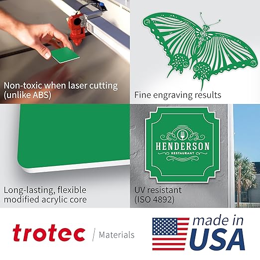 Trotec TroLase | 12"x24"x1/16", 4 Pcs | Bright Green/White | 2 Ply | Modified Acrylic | Laser Engraving Double Color Plastic Sheet | Engraving Blanks for Laser, Saw, Guillotine | Made in USA