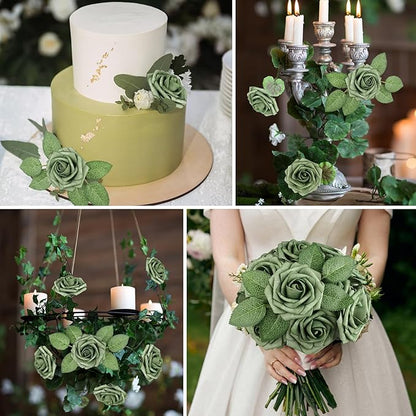 AmyHomie Artificial Flowers Green Rose 25pcs Real Looking Fake Roses w/Stem for DIY Wedding Bouquets Centerpieces Arrangements Party Baby Shower Home Decorations