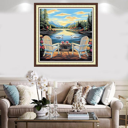 Findvoor Counted Cross Stitch Kits for Adults Full Range of Cross Stitching Embroidery Unprinted Pattern for Beginners, 11CT Needlepoint Kit Patterns Embroidery Kits-Watching Swans by Lake 18x18 inch