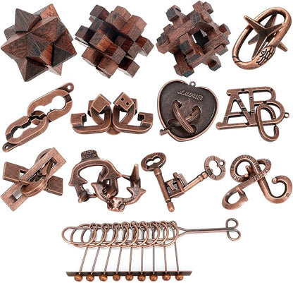 13 Pcs Brain Teaser Puzzles for Adults Teens - Metal Puzzles 3D Puzzle Game Toys for Adults Teens - Wooden Unlock Interlocking Puzzle Adult IQ Education Smart Toys