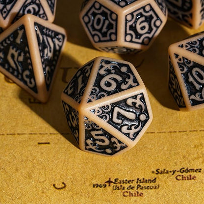 7-Die DND Dice Set New Pattern Polyhedral Dice Set with Leather Bag D&D Die for RPG Table Games(Brown Black)
