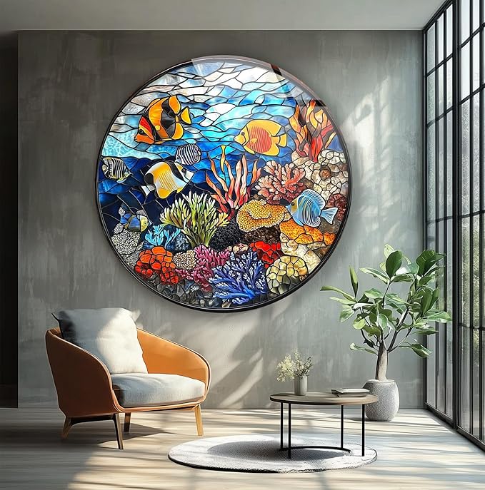 My Photostation.com 20''(50cm) Diameter Coral Reef Mosaic Round Glass Wall Art Tempered Glass Printing Wall Decor Large Wall Art Wall Hangings
