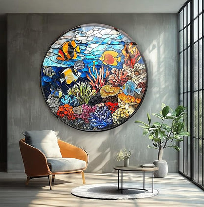 My Photostation.com 15.8''(40cm) Diameter Coral Reef Mosaic Round Glass Wall Art Tempered Glass Printing Wall Decor Large Wall Art Wall Hangings