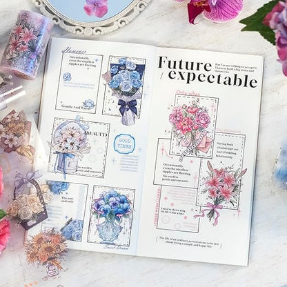 Floral Dream PET Tape Set, 4 Rolls of Flower Ephemera for Junk Journaling, Scrapbooking, Crafting, DIY Projects, Diaries, and Art Supplies