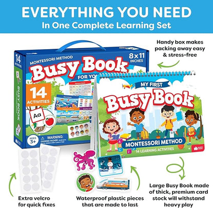 Montessori Preschool Busy Book for Toddlers Ages 3 and Up - Preassembled - Preschool Learning Activities Homeschool Montessori Toys - 3 Year Old Boy Gift - 3 Year Old Girl Christmas Birthday Gift