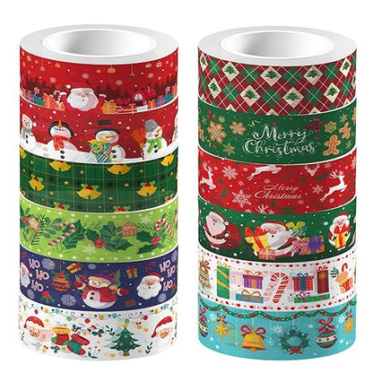 12 Pcs Christmas Washi Tape Merry Christmas Print Masking Tape Christmas Tree Snowman Santa Claus Pattern Decorative Paper Sticker for Christmas Party Holiday Scrapbook Handbook Sticker
