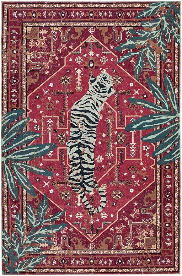 Tribal Rugs Summer Tropical 4x6 Area Rugs Wine Red Traditional Boho Vintage Oriental Rug Carpet for Bedroom Kitchen Dining Living Room Indoor Entryway Washable