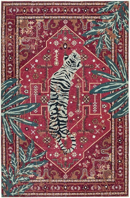 Tribal Rugs Summer Tropical 4x6 Area Rugs Wine Red Traditional Boho Vintage Oriental Rug Carpet for Bedroom Kitchen Dining Living Room Indoor Entryway Washable