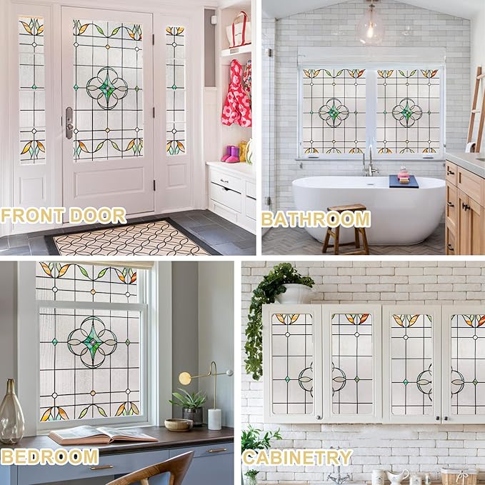3D Stained Glass Window Privacy Film, Heat Control UV Blocking Static Cling Decorative Window Film for Bathroom,Front Door,Home Non Adhesive,16.9 x 39.3 inches Verdant Whispers