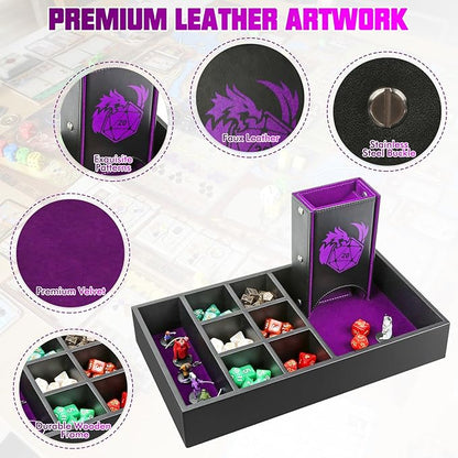 DND Dice Tray & Tower Storage Box, 4 in 1 D&D Dice Holder Case (Dice Rolling Tray, Dice Roller Tower, Dice & Miniature Storage), Great RPG Accessories Gifts for Dungeons and Dragons MTG DM & Player