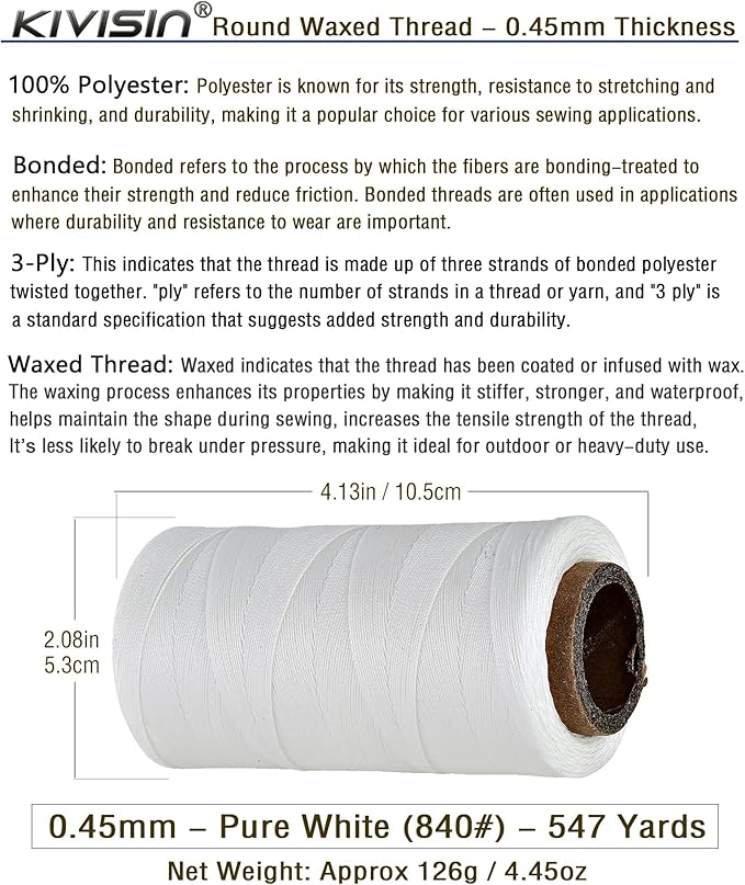 Thin Wax Polyester Thread, 0.45mm, 547 Yards, 3 Ply Round Waxed Cord Strings for Sewing, Beading, Binding, Micro Braiding, Fine Leather Craft and Micro Macrame Jewelry - White