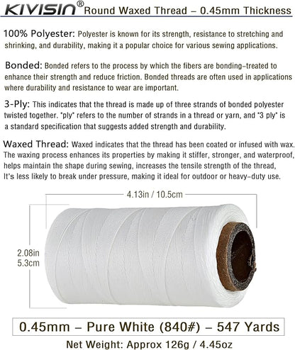 Thin Wax Polyester Thread, 0.45mm, 547 Yards, 3 Ply Round Waxed Cord Strings for Sewing, Beading, Binding, Micro Braiding, Fine Leather Craft and Micro Macrame Jewelry - White