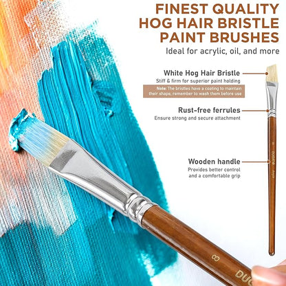 10pcs Short Handle White Hog Hair Artist Paint Brush Set by DUGATO Perfect for Acrylic Oil Gouache Watercolor, Painting Brushes Kit for Kids, Adults Fabulous for Canvas & Fabric