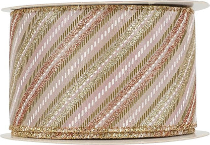 MEEDEE Pink Diagonal Striped Ribbon 2.5 Inch Blue Satin with Rose Gold and Champagne Glitter Wired Ribbon for Christmas Tree, Garlands, Wreaths, Topper Bow (10 Yards)