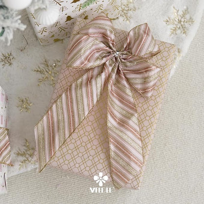 MEEDEE Pink Diagonal Striped Ribbon 2.5 Inch Blue Satin with Rose Gold and Champagne Glitter Wired Ribbon for Christmas Tree, Garlands, Wreaths, Topper Bow (10 Yards)