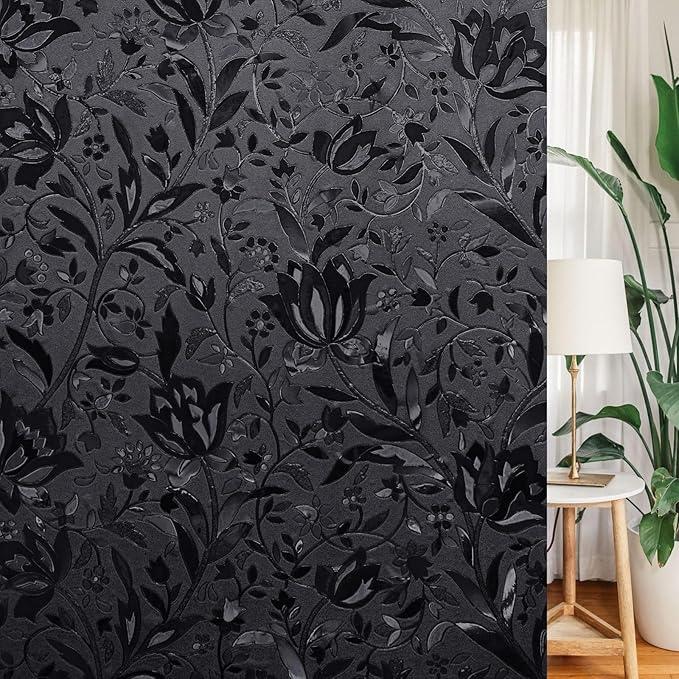 LEMON CLOUD Total Blackout Window Film Privacy Static Cling Frosted Black Window Covering 100% Opaque Film Tint Darkening Removable Film for High Privacy，(Blackout Tulip Design,23.6 x157.4 inches)