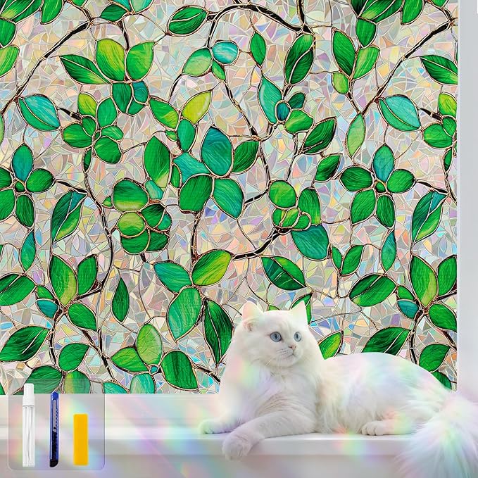 Window Privacy Film Stain Glass Window Film Rainbow Window Film Window clings Non-Adhesive Reusable Decorative for Room (Green Rainbow, 45.2 X 157.4 in)