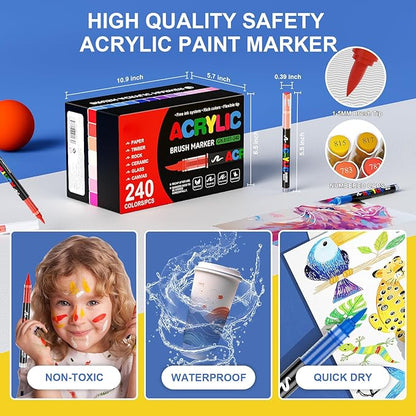 DICEKOO 240 Colors Acrylic Paint Markers, Soft Brush Tip Pens with Automatic Ink Control System, Waterproof, Quick-Drying, Lightfast, for Rock Painting, Canvas, Wood, Egg & DIY Crafts Art Supplies