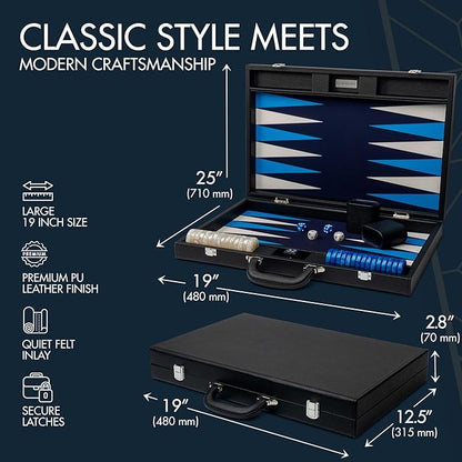 19 Inch Premium Backgammon Sets for Adults Leather Black - Blue. Premium 1.6 Inch Checkers & Dice Set, Travel Backgammon Set, Large, Backgammon Board Game, Backgammon Game Set