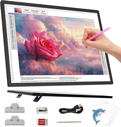 HIUKCOLED A3 Built-in Tilt Stand Light Tracing Box, 6-level＆Stepless Dimmable Adjustable Brightness Light Pad with 3 Colors,Battery Powered LED Light Board for Drawing,Diamond Painting,Sketching,X-Ray