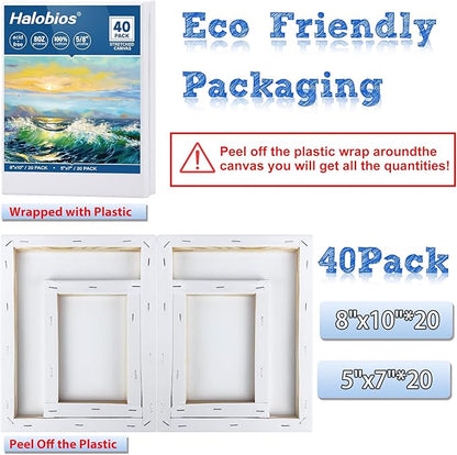 Blank Canvas for Painting, Bulk Pack of 40-8x10 inches, 5x7inch(20 of Each), 100% Cotton, Primed, 5/8 Inch Profile of Super Value Canvas Pack for Acrylics, Oils & Other Painting Media
